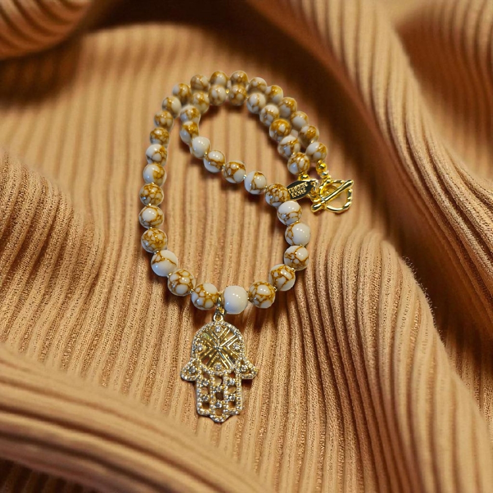 Gold, Tan and Cream Beaded Necklace with Hamsa Charm - Picture 2 of 6